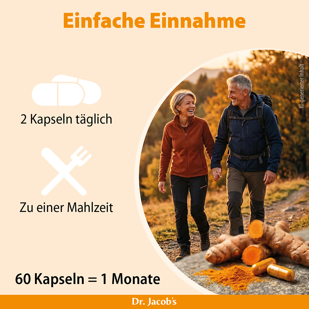 Infografik über die einfache Einnahme von Dr. Jacobs Produkt, mit einem Paar, das draußen spazieren geht, mit Text, der darauf hinweist, dass täglich 2 Kapseln zu einer Mahlzeit eingenommen werden sollen und dass 60 Kapseln einem Monat entsprechen.