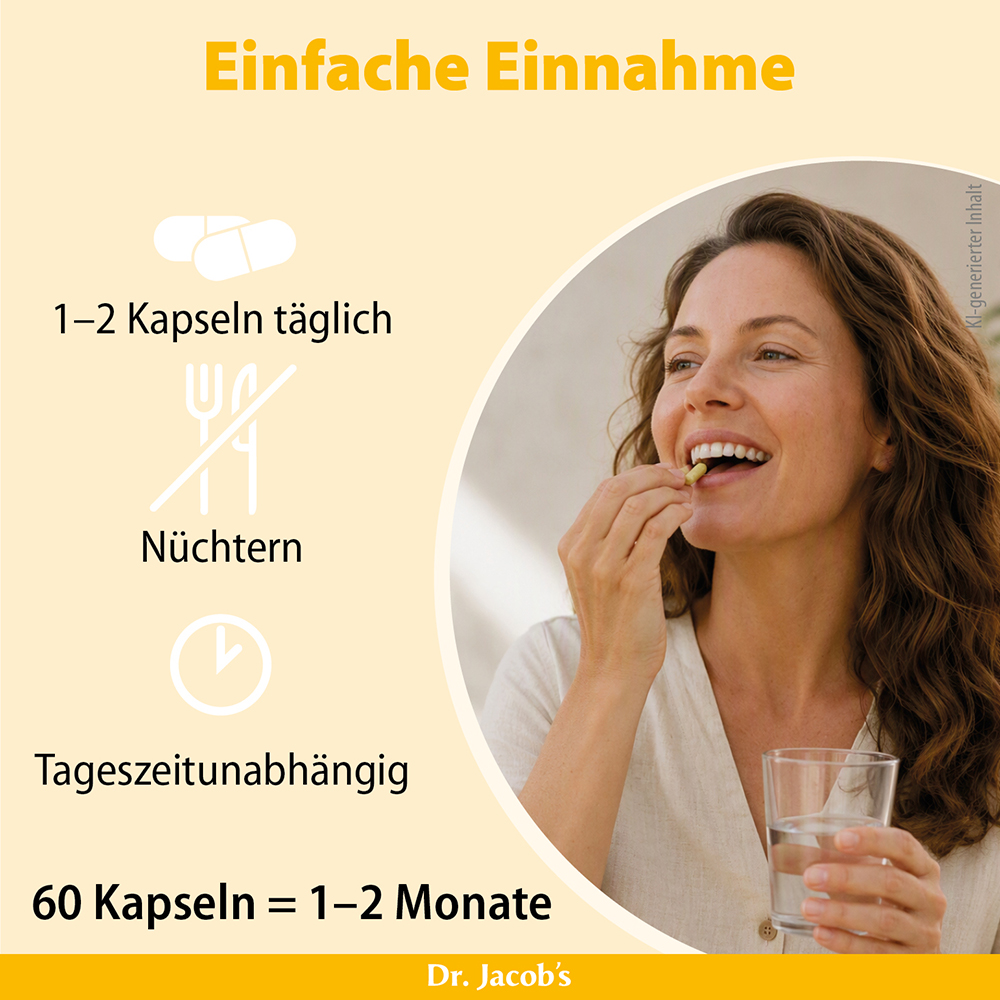 Eine Frau nimmt eine Kapsel mit einem Glas Wasser und veranschaulicht so die einfache Einnahme des Produkts von Dr. Jacob. Im Text wird die Tagesdosis von 1–2 Kapseln hervorgehoben, die unabhängig von den Mahlzeiten eingenommen wird, mit einem Vorrat