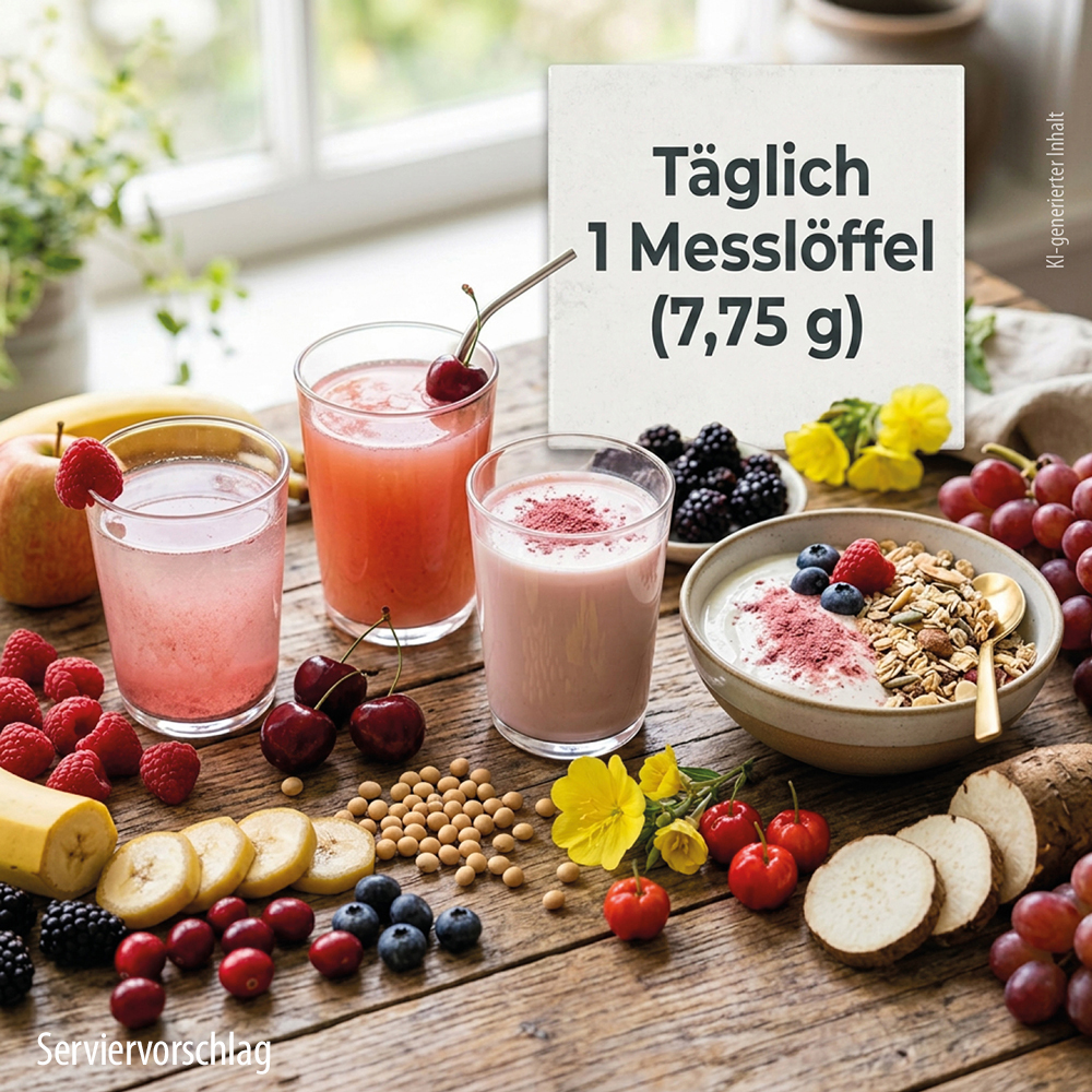 Drei Gläser mit bunten Getränken auf einem Holztisch, umgeben von frischen Früchten wie Äpfeln, Himbeeren, Kirschen und Blaubeeren sowie einer Schüssel Joghurt mit Müsli und Blumen. Ein Schild weist auf die tägliche Dosierung von 1 Messlöffel (7,75 g