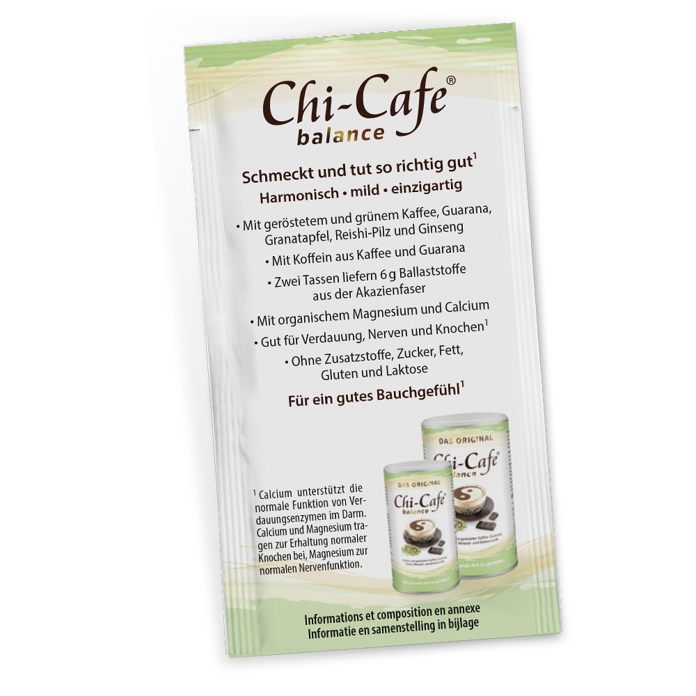 Detailaufnahme der Verpackung von Chi-Cafe Balance mit Informationen zu Inhaltsstoffen und Anwendung. Enthält gerösteten und grünen Kaffee, Guarana, Reishi-Pilz und Ginseng.