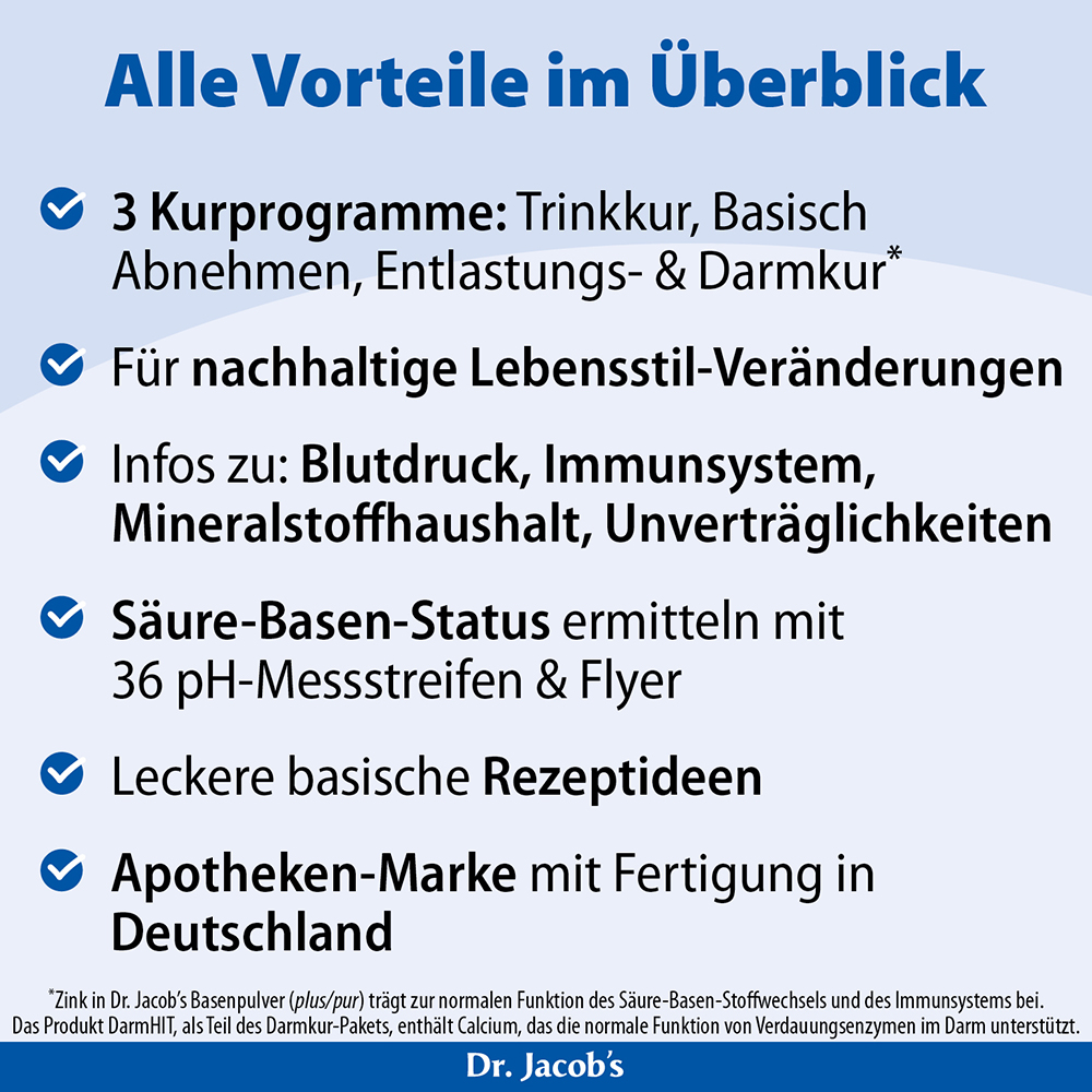 Infografik von Dr. Jacob's, die die Vorteile ihrer Gesundheitsprogramme zusammenfasst, darunter drei Heiloptionen, Ratschläge zum Lebensstil, Informationen zu Blutdruck und Immunität, pH-Teststreifen, alkalische Rezepte und deutsche Herstellungsstand