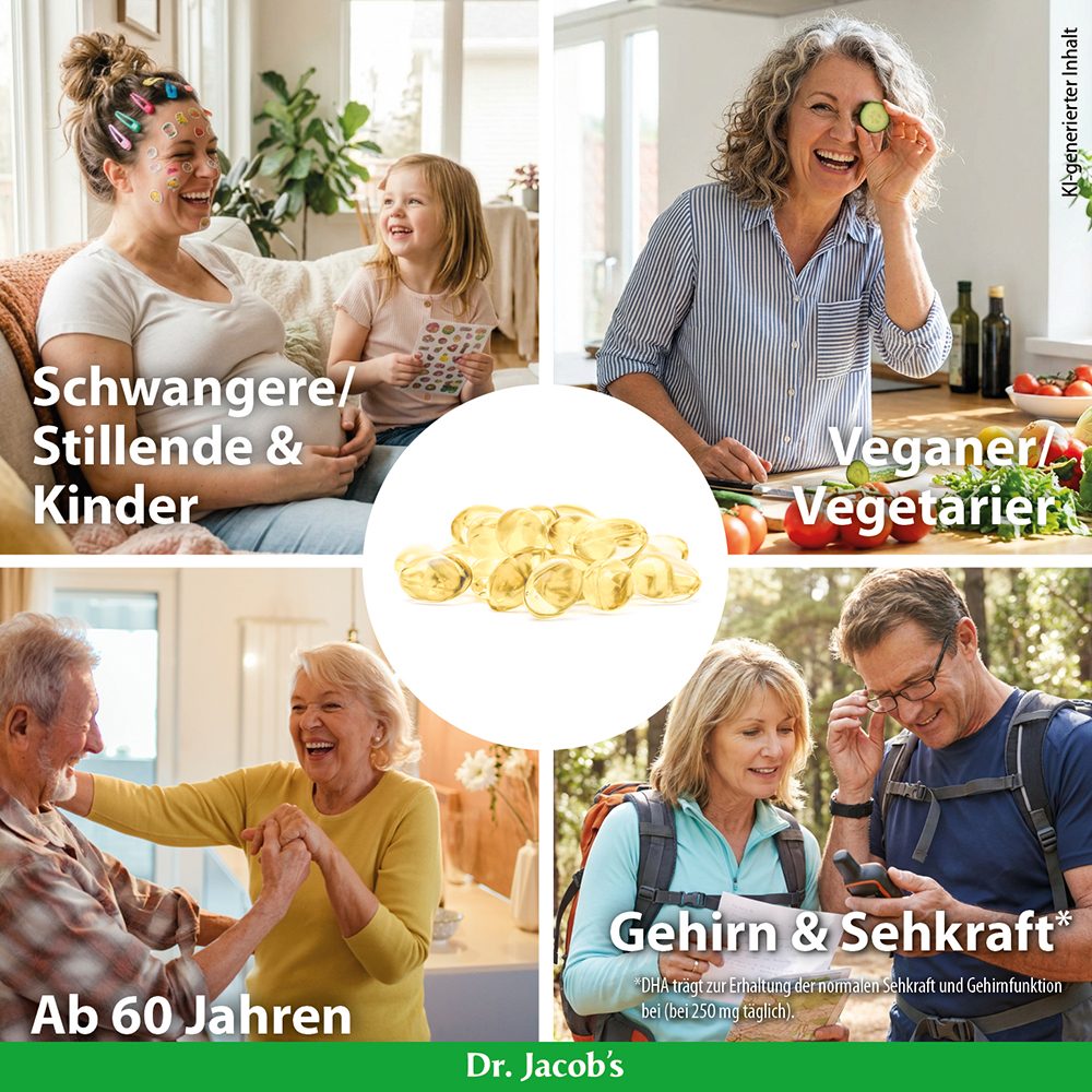 Infografik zu Dr. Jacob’s Zielgruppen: Schwangere, Stillende, Kinder, Veganer, Vegetarier, Personen ab 60 Jahren sowie deren Vorteile für Gehirn- und Sehkraft. Enthalten sind auch Kapseln als Detailaufnahme.
