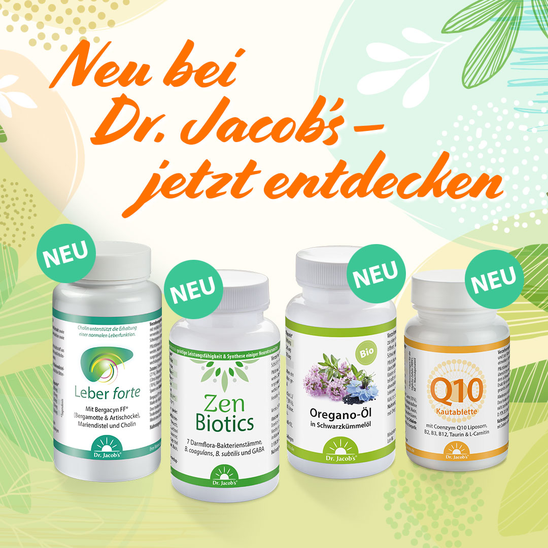 Set aus Dr. Jacob’s Leber forte, Zen Biotics, Oregano-Öl und Q10 Kautabletten, alle mit dem Hinweis „Neu“ auf den Verpackungen.