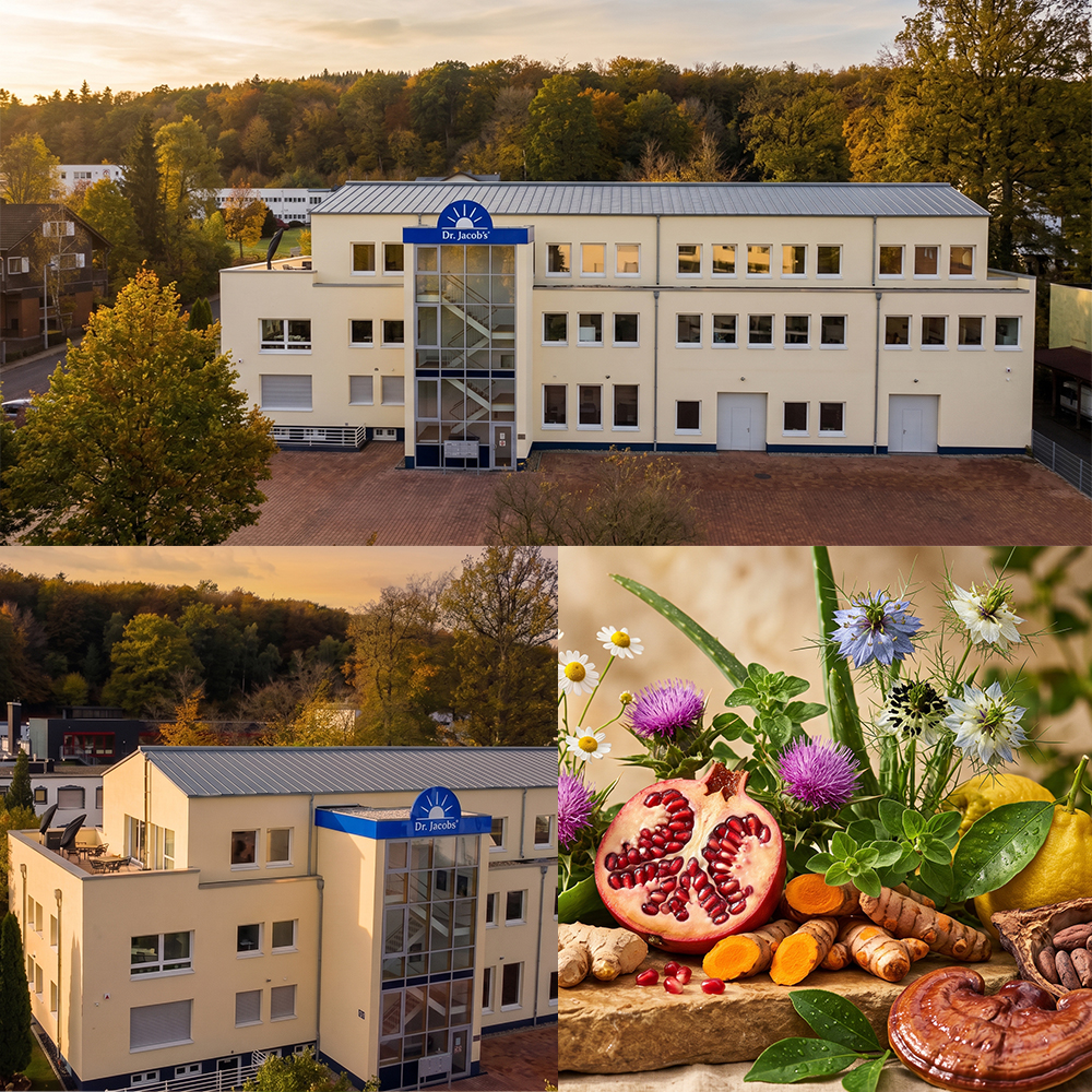 Der Firmensitz von Dr. Jacob's verfügt über ein modernes Bürogebäude mit blauem Logo sowie einem farbenfrohen Arrangement aus natürlichen Zutaten wie Granatapfel, Kurkuma, Ingwer, Kräutern und verschiedenen Blumen.
