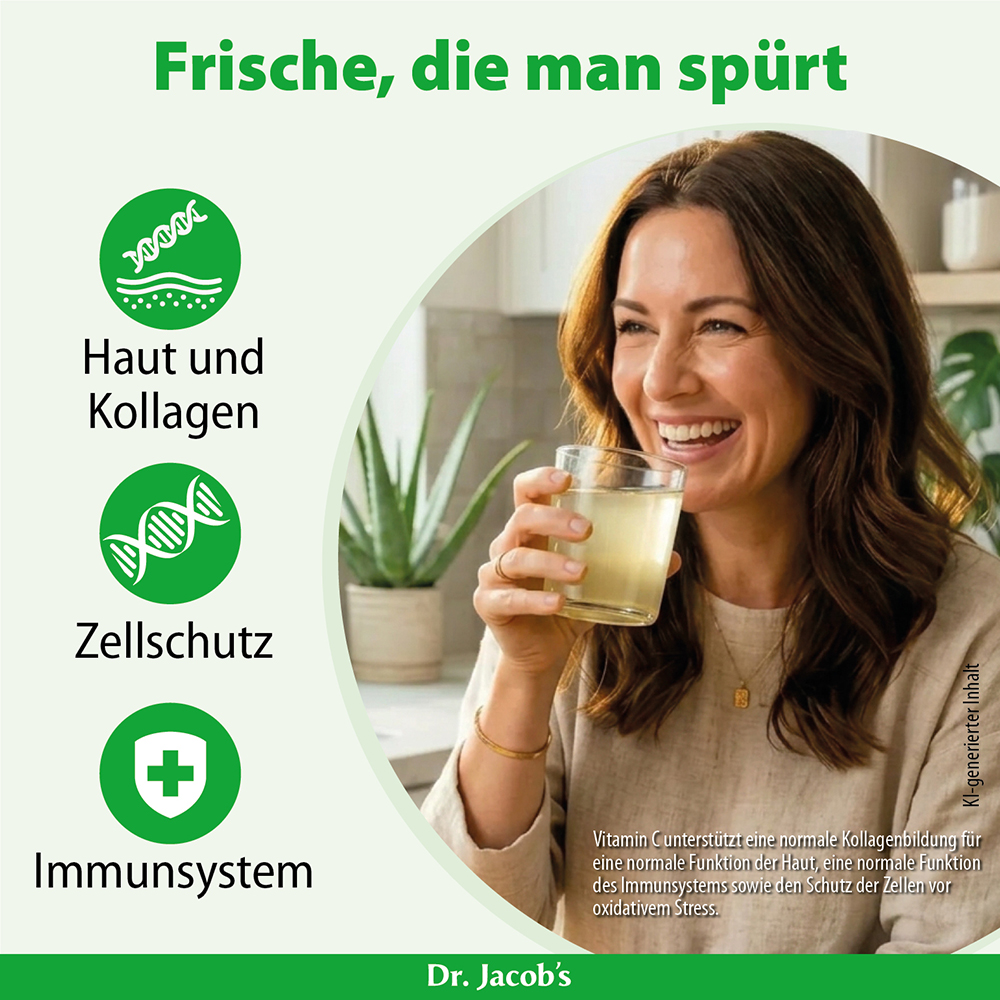 Eine Frau lächelt, während sie ein Glas Getränk in der Hand hält. Grüner Text hebt die Vorteile für die Haut, den Zellschutz und das Immunsystem hervor. Im Hintergrund ist eine Küche mit Pflanzen zu sehen.