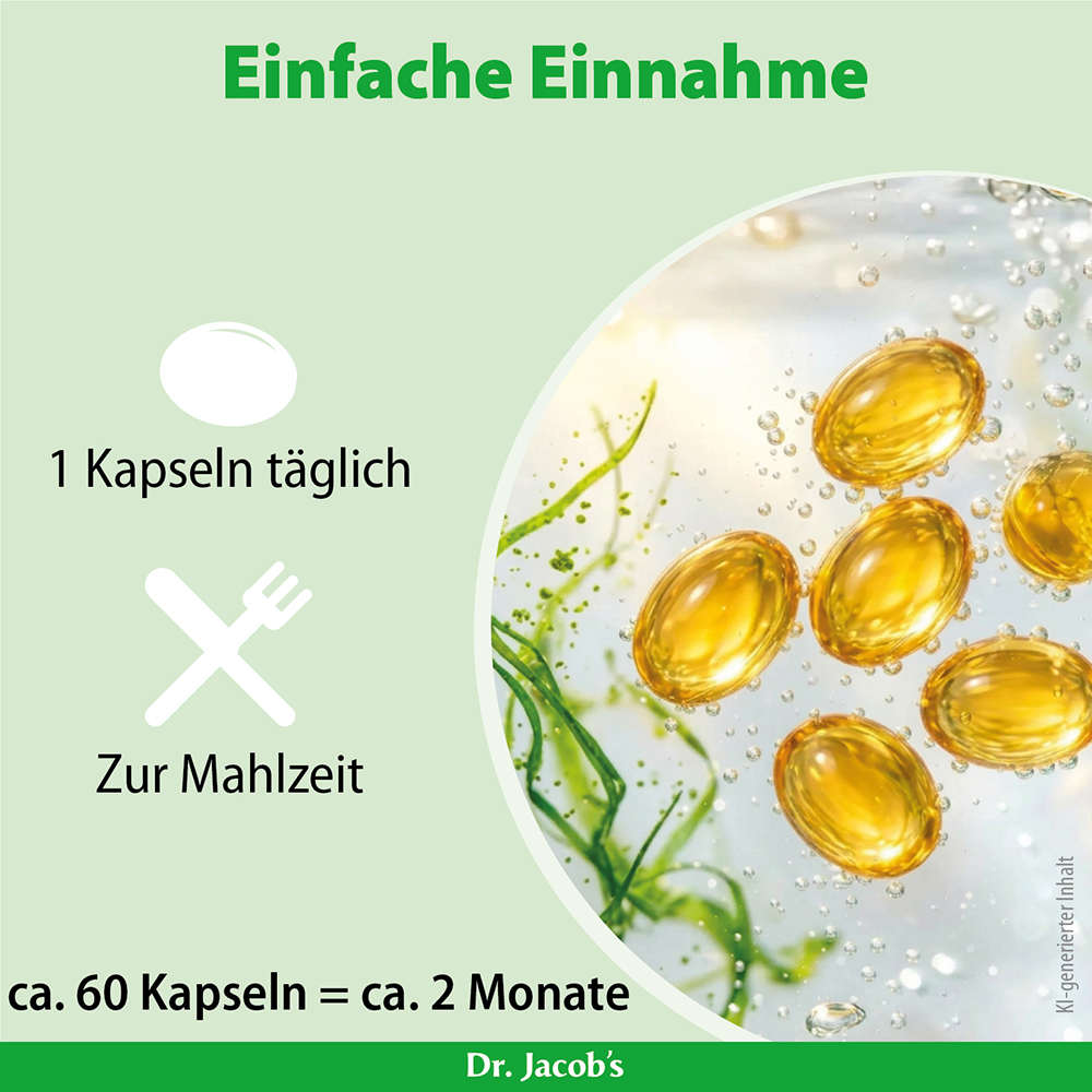 Infografik über die tägliche Einnahme von Dr. Jacob's Kapseln, wobei eine Kapsel zu den Mahlzeiten einzunehmen ist, also etwa 60 Kapseln pro Packung für etwa zwei Monate.